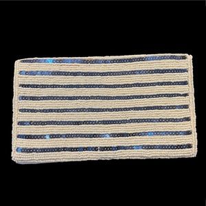 Beaded navy & white clutch bag